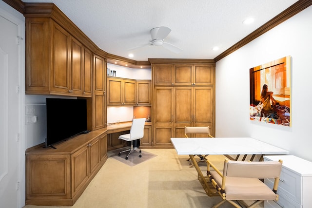 6051 NW 24th Ter, Boca Raton, FL 33496 - office space featuring built in desk, a ceiling fan, recessed lighting, light carpet, and ornamental molding