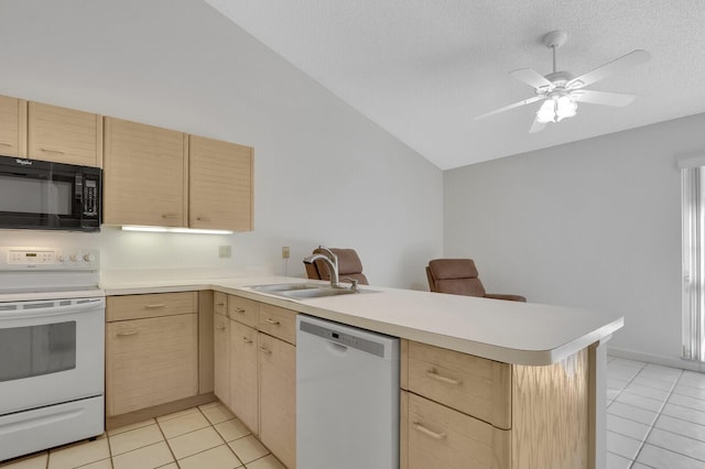 135 Eagleton Ct, Palm Beach Gardens, FL 33418 - kitchen featuring white appliances, light brown cabinetry, a peninsula, a sink, and light tile patterned floors