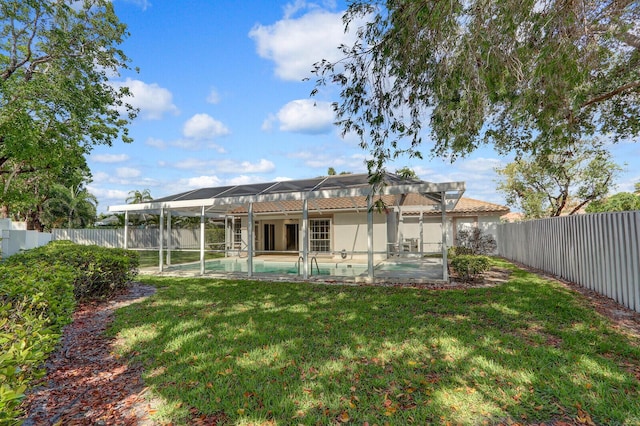 135 Eagleton Ct, Palm Beach Gardens, FL 33418 - rear view of house featuring glass enclosure, a patio, stucco siding, and a tiled roof