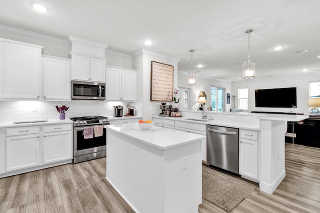 6020 Wild Olive Way, Vero Beach, FL 32966 - kitchen featuring appliances with stainless steel finishes, a peninsula, open floor plan, a sink, and light wood-type flooring