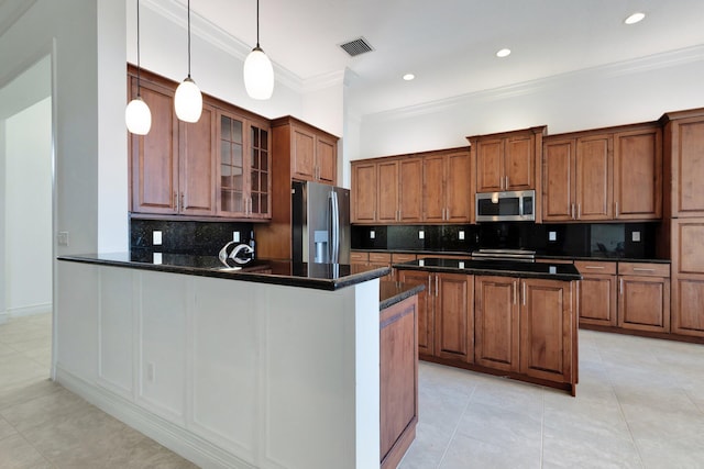 8273 Razorback Ct, Boynton Beach, FL 33473 - kitchen featuring appliances with stainless steel finishes, brown cabinetry, glass insert cabinets, backsplash, and a peninsula