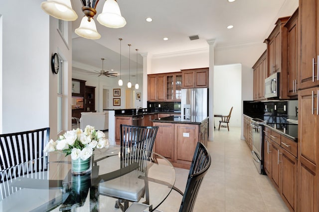 8273 Razorback Ct, Boynton Beach, FL 33473 - dining room with recessed lighting, ceiling fan, ornamental molding, and light tile patterned floors