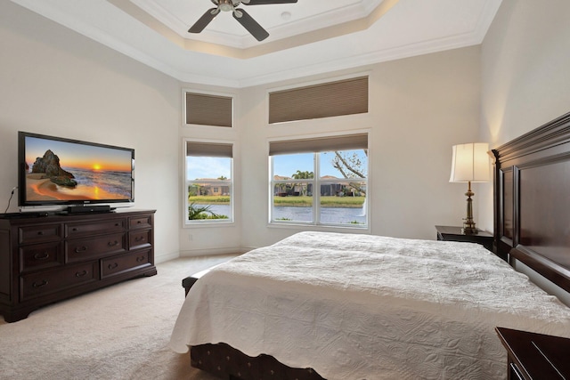 8273 Razorback Ct, Boynton Beach, FL 33473 - bedroom with light carpet, ornamental molding, a raised ceiling, a high ceiling, and a ceiling fan