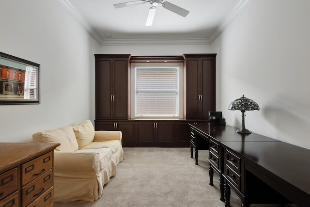 8273 Razorback Ct, Boynton Beach, FL 33473 - living area with ornamental molding, light colored carpet, and ceiling fan