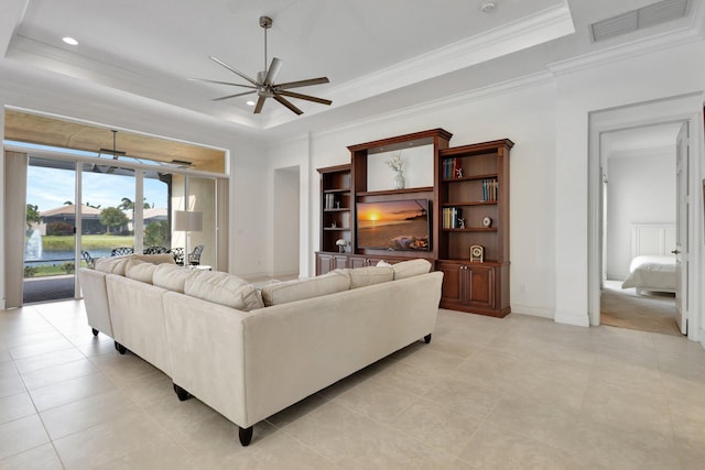8273 Razorback Ct, Boynton Beach, FL 33473 - living room with a tray ceiling, ceiling fan, crown molding, light tile patterned floors, and recessed lighting