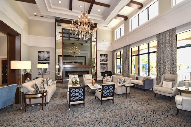 8273 Razorback Ct, Boynton Beach, FL 33473 - lobby with a towering ceiling, ornamental molding, coffered ceiling, recessed lighting, and beam ceiling