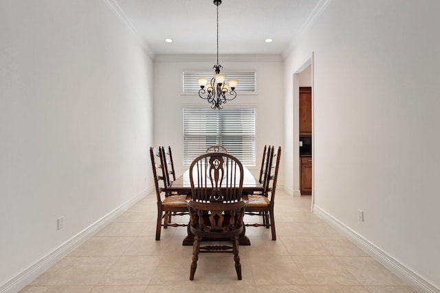 8273 Razorback Ct, Boynton Beach, FL 33473 - dining space featuring a chandelier, ornamental molding, light tile patterned flooring, baseboards, and recessed lighting