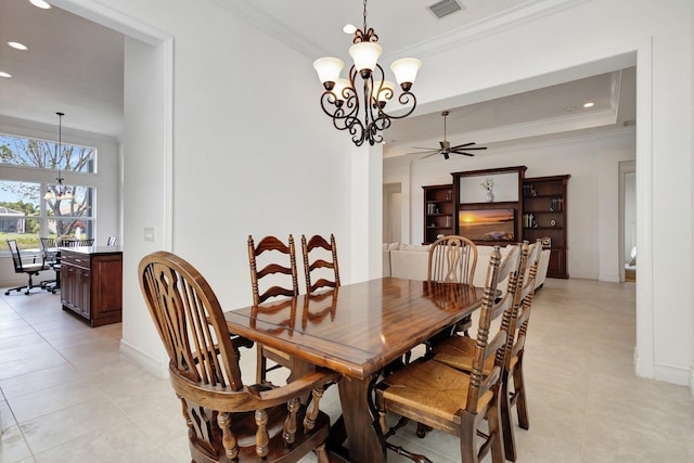 8273 Razorback Ct, Boynton Beach, FL 33473 - dining space with a chandelier, recessed lighting, light tile patterned flooring, crown molding, and ceiling fan