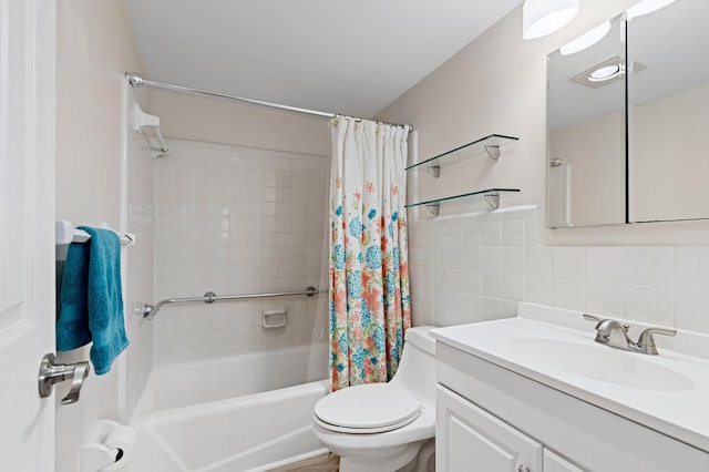 2050 NE 39th St Unit 110S, Lighthouse Point, FL 33064 - full bathroom featuring shower / bath combo, vanity, toilet, tile walls, and backsplash