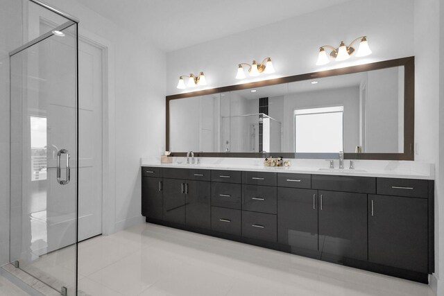 13444 Bernoulli Way, Palm Beach Gardens, FL 33418 - full bathroom with double vanity, a stall shower, tile patterned floors, and baseboards