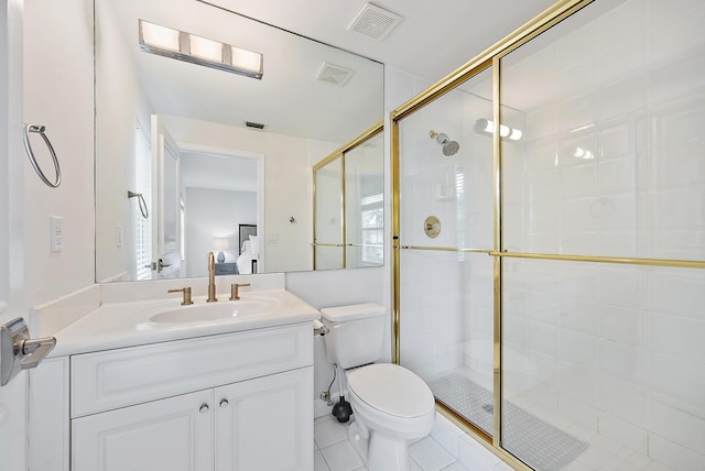 8405 Legend Club Dr, West Palm Beach, FL 33412 - bathroom featuring toilet, a shower stall, vanity, and tile patterned flooring