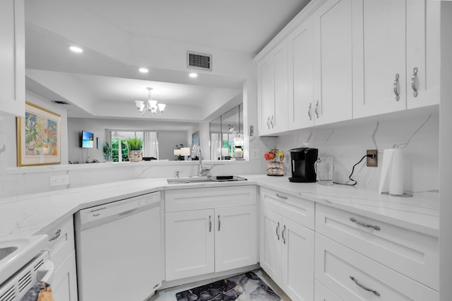 23247 Barwood Ln Unit 305, Boca Raton, FL 33428 - kitchen featuring white dishwasher, a sink, a chandelier, recessed lighting, and white cabinets