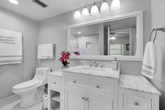 23247 Barwood Ln Unit 305, Boca Raton, FL 33428 - bathroom with vanity, marble finish floors, toilet, a ceiling fan, and curtained shower