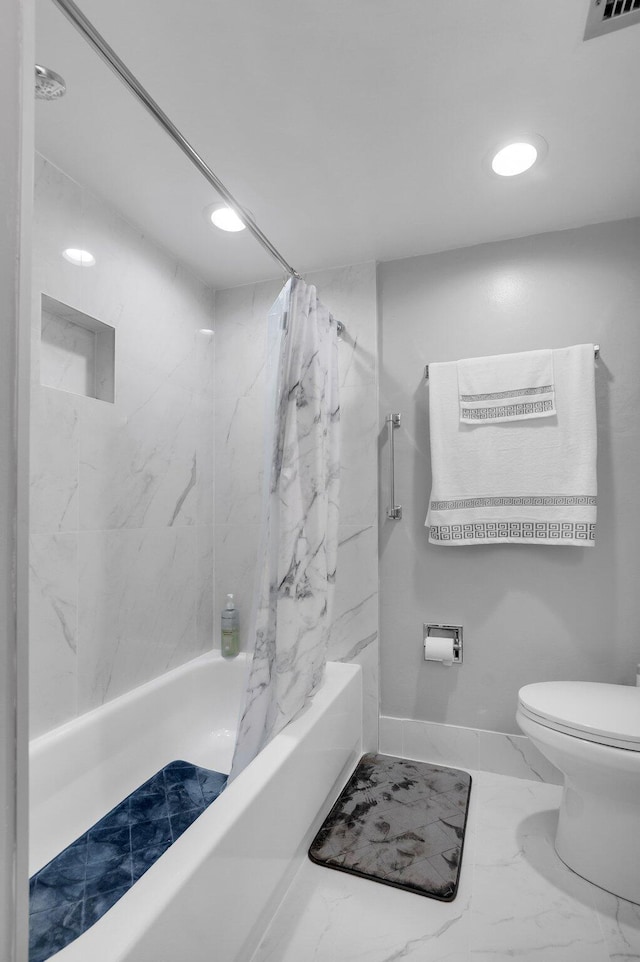 23247 Barwood Ln Unit 305, Boca Raton, FL 33428 - full bathroom with shower / bathtub combination with curtain, toilet, recessed lighting, and marble finish flooring