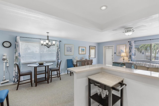 735 Monaco P, Delray Beach, FL 33446 - kitchen featuring a chandelier, light colored carpet, light countertops, baseboards, and recessed lighting