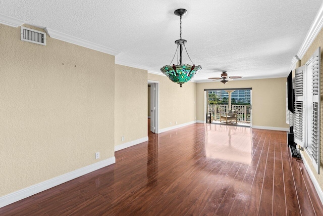 1040 Banyan Rd Unit 501C, Boca Raton, FL 33432 - unfurnished living room featuring a textured ceiling, a ceiling fan, wood finished floors, ornamental molding, and a textured wall