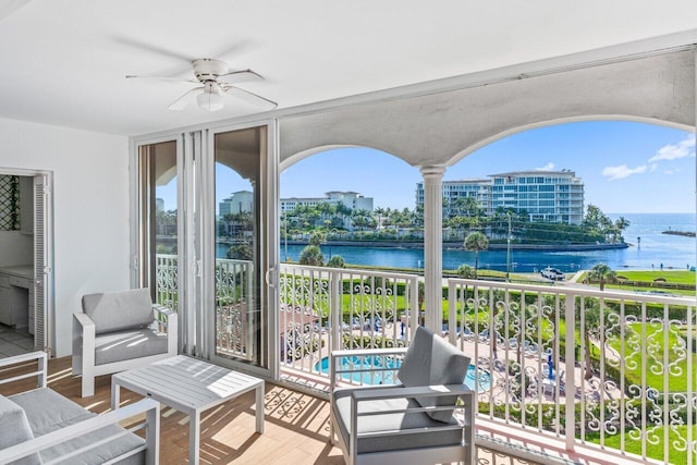 1040 Banyan Rd Unit 501C, Boca Raton, FL 33432 - balcony featuring a water view and ceiling fan
