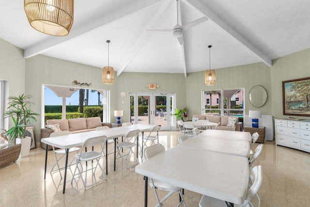1040 Banyan Rd Unit 501C, Boca Raton, FL 33432 - dining room with beamed ceiling, french doors, speckled floor, and ceiling fan