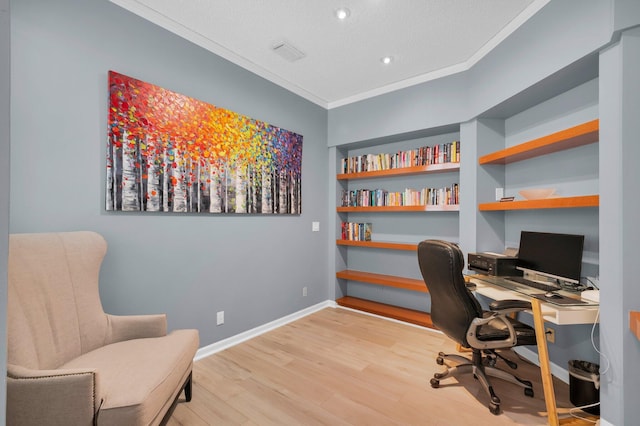 10393 Lexington Cir S, Boynton Beach, FL 33436 - office featuring crown molding, wood finished floors, recessed lighting, baseboards, and a textured ceiling