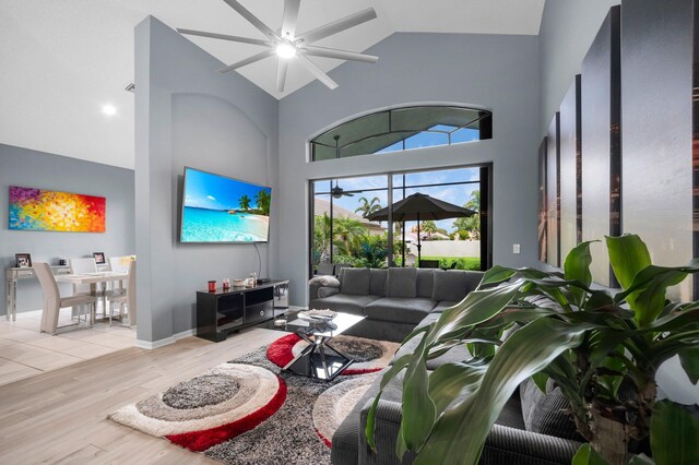 10393 Lexington Cir S, Boynton Beach, FL 33436 - living area with wood finished floors, high vaulted ceiling, and ceiling fan