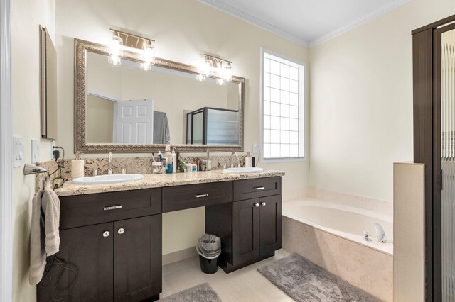10393 Lexington Cir S, Boynton Beach, FL 33436 - full bath with a bath, double vanity, tile patterned floors, crown molding, and a stall shower