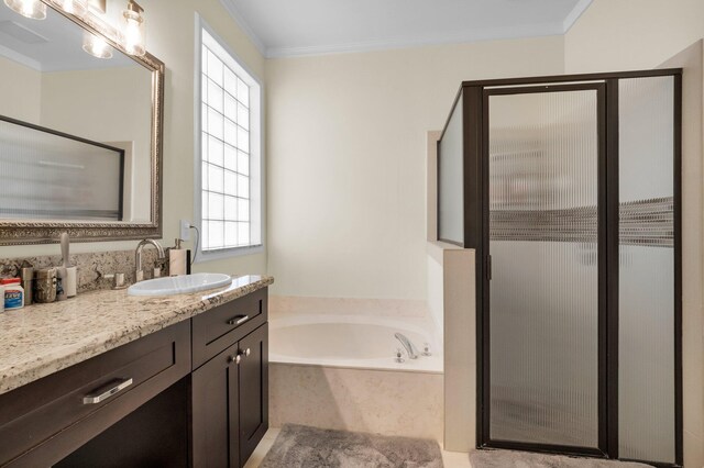 10393 Lexington Cir S, Boynton Beach, FL 33436 - bathroom with a shower stall, plenty of natural light, a bath, vanity, and ornamental molding