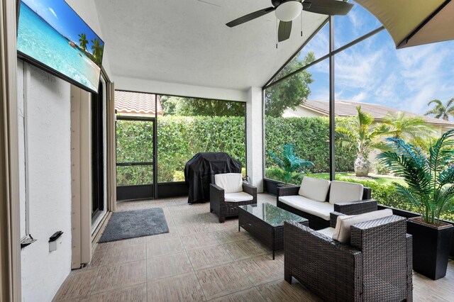 10393 Lexington Cir S, Boynton Beach, FL 33436 - sunroom / solarium featuring ceiling fan, an outdoor hangout area, and lofted ceiling