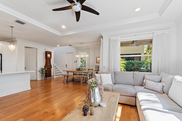 4608 Cadiz Cir, Palm Beach Gardens, FL 33418 - living area with a ceiling fan, light wood-style flooring, stairway, recessed lighting, and crown molding