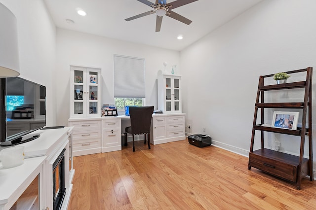 4608 Cadiz Cir, Palm Beach Gardens, FL 33418 - office area with ceiling fan, light wood-type flooring, recessed lighting, built in desk, and baseboards