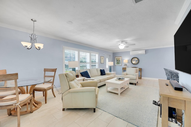living area featuring a wall unit AC, ornamental molding, a chandelier, ceiling fan, and light tile patterned floors