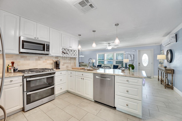 kitchen featuring stainless steel appliances, a sink, a peninsula, an AC wall unit, and ceiling fan