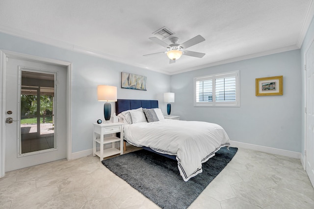 bedroom with crown molding, ceiling fan, baseboards, and access to exterior