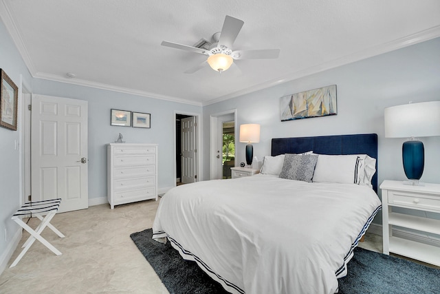 bedroom featuring crown molding, ceiling fan, and baseboards