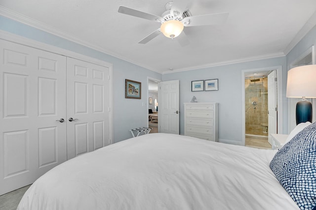 bedroom featuring ornamental molding, a closet, a ceiling fan, and connected bathroom