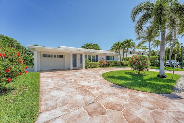 ranch-style house with curved driveway, an attached garage, stucco siding, and a front lawn