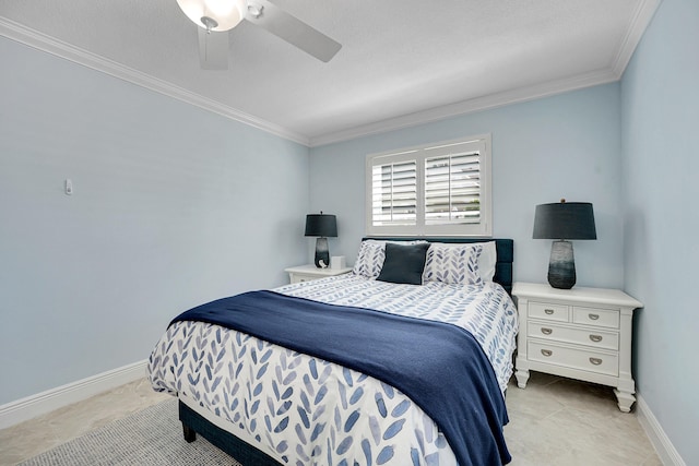 bedroom featuring ornamental molding, baseboards, and a ceiling fan