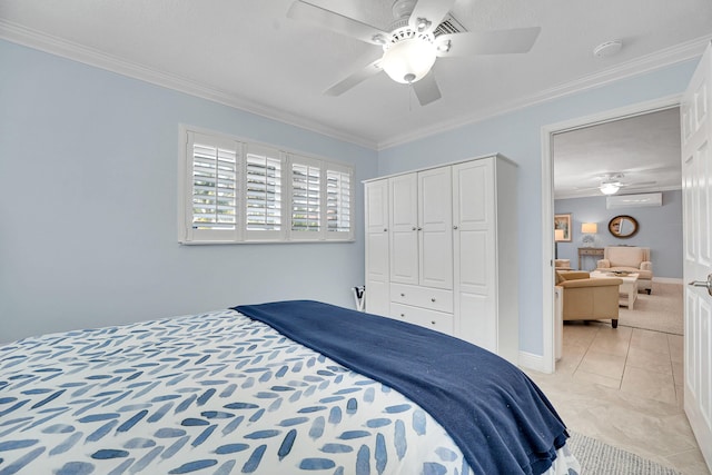 bedroom with crown molding, a closet, a ceiling fan, a wall mounted AC, and baseboards