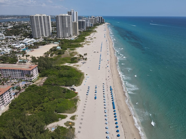aerial view of waterfront with a beach