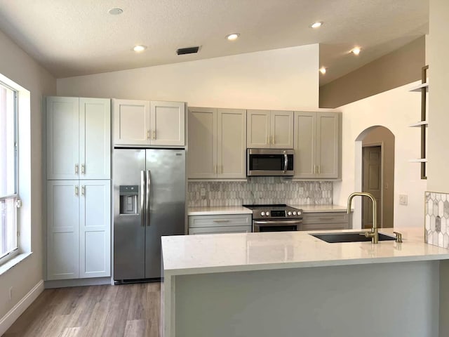 12299 Wedge Way, Boynton Beach, FL 33437 - kitchen featuring appliances with stainless steel finishes, lofted ceiling, a sink, arched walkways, and healthy amount of natural light