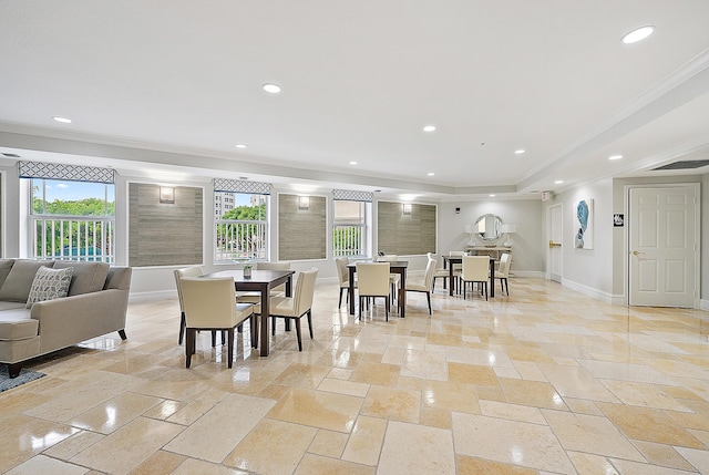 230 Ocean Grande Blvd Unit 501, Jupiter, FL 33477 - dining area featuring stone tile flooring, baseboards, ornamental molding, and recessed lighting