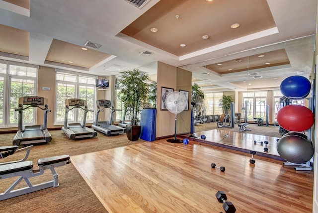 350 N Federal Hwy Unit 714, Boynton Beach, FL 33435 - exercise room featuring a raised ceiling, wood finished floors, and recessed lighting