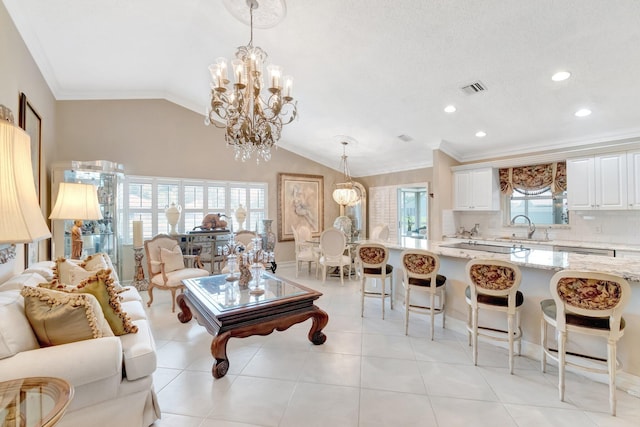 7780 Lake Champlain Ct, Delray Beach, FL 33446 - living room featuring a chandelier, recessed lighting, lofted ceiling, baseboards, and crown molding