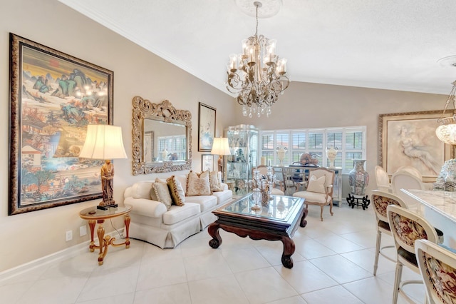 7780 Lake Champlain Ct, Delray Beach, FL 33446 - living room with a chandelier, lofted ceiling, baseboards, crown molding, and tile patterned floors