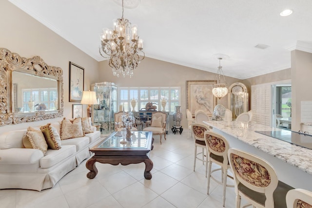 7780 Lake Champlain Ct, Delray Beach, FL 33446 - living room with a chandelier, healthy amount of natural light, lofted ceiling, ornamental molding, and light tile patterned floors