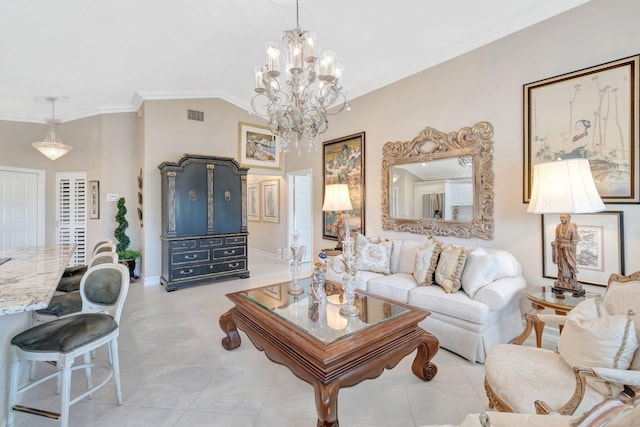 7780 Lake Champlain Ct, Delray Beach, FL 33446 - living area with crown molding, a chandelier, light tile patterned floors, and baseboards