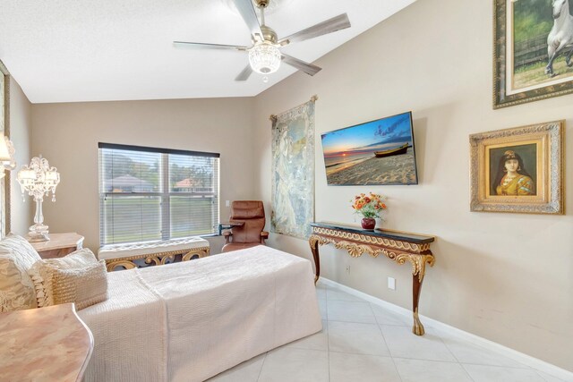 7780 Lake Champlain Ct, Delray Beach, FL 33446 - bedroom with vaulted ceiling, light tile patterned floors, baseboards, and ceiling fan