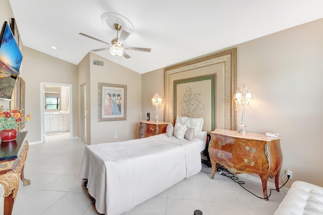 7780 Lake Champlain Ct, Delray Beach, FL 33446 - bedroom featuring light tile patterned flooring, vaulted ceiling, ensuite bathroom, baseboards, and a ceiling fan