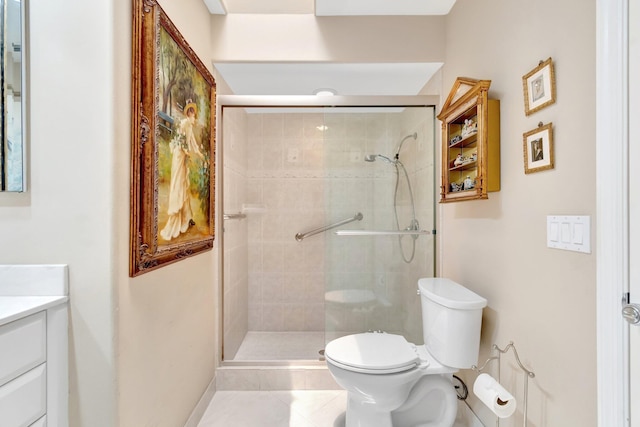 7780 Lake Champlain Ct, Delray Beach, FL 33446 - bathroom with toilet, vanity, a shower stall, and tile patterned floors