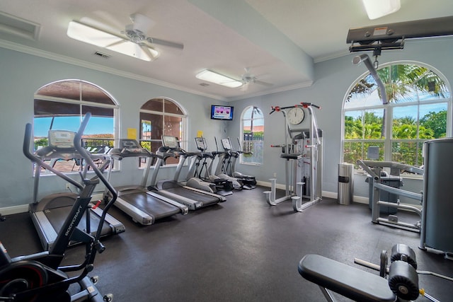 3185 Laurel Ridge Cir, Riviera Beach, FL 33404 - exercise room with a ceiling fan, crown molding, and baseboards