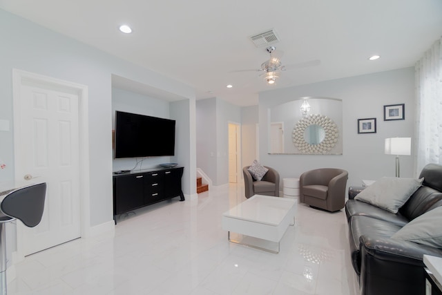 3185 Laurel Ridge Cir, Riviera Beach, FL 33404 - living room with ceiling fan, light marble finish floors, and recessed lighting
